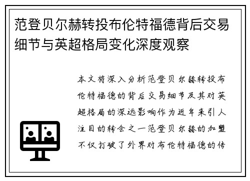 范登贝尔赫转投布伦特福德背后交易细节与英超格局变化深度观察